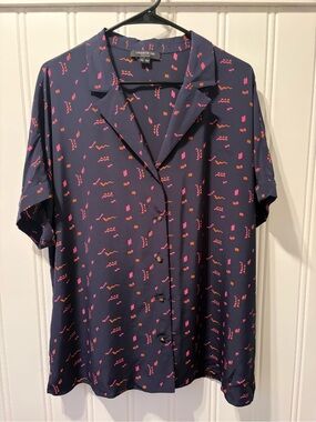 Lafayette 148 New York Silk Abstract Short Sleeve Button Down Blouse Size XXL